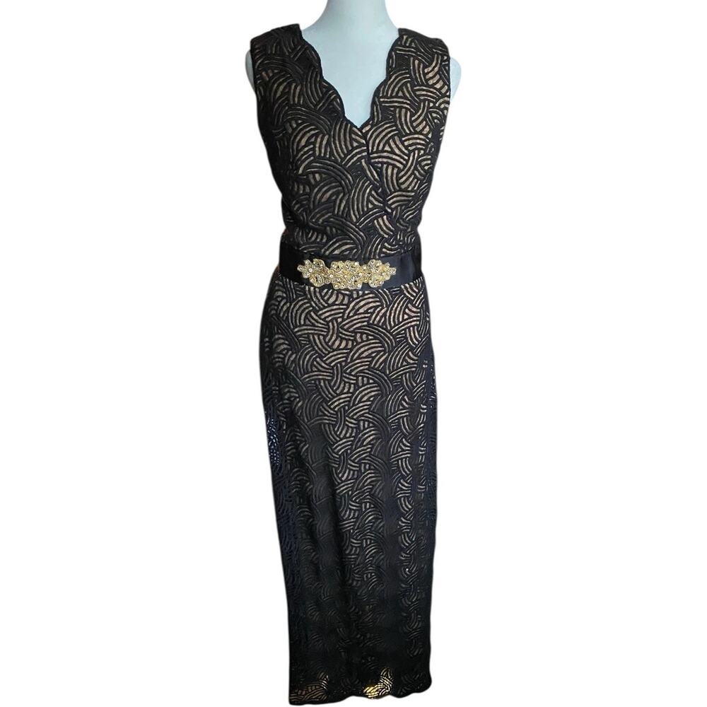 Tadashi Shoji Black Nude Overlay Gown Dress Women 6 Long Art Deco Formal